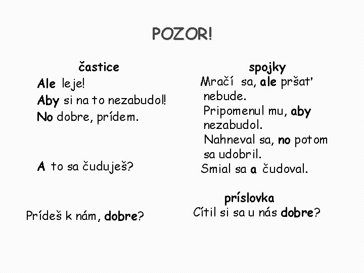 POZOR! častice Ale leje! Aby si na to nezabudol! No dobre, prídem. A to