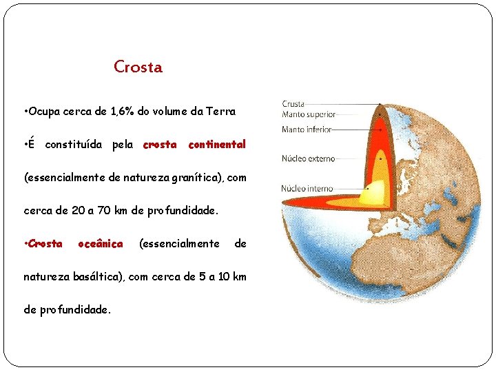 Crosta • Ocupa cerca de 1, 6% do volume da Terra • É constituída