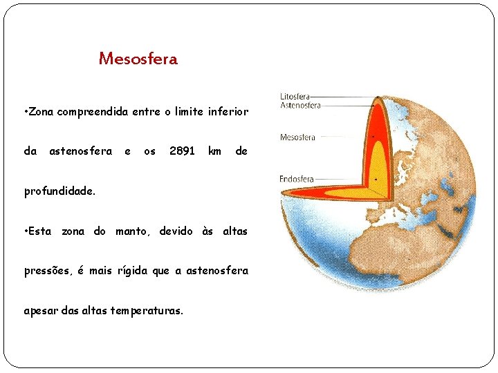 Mesosfera • Zona compreendida entre o limite inferior da astenosfera e os 2891 km