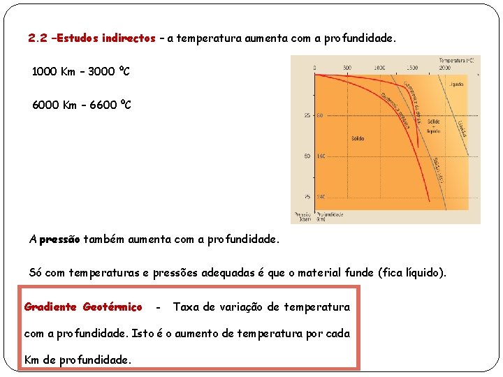 2. 2 –Estudos indirectos – a temperatura aumenta com a profundidade. 1000 Km –