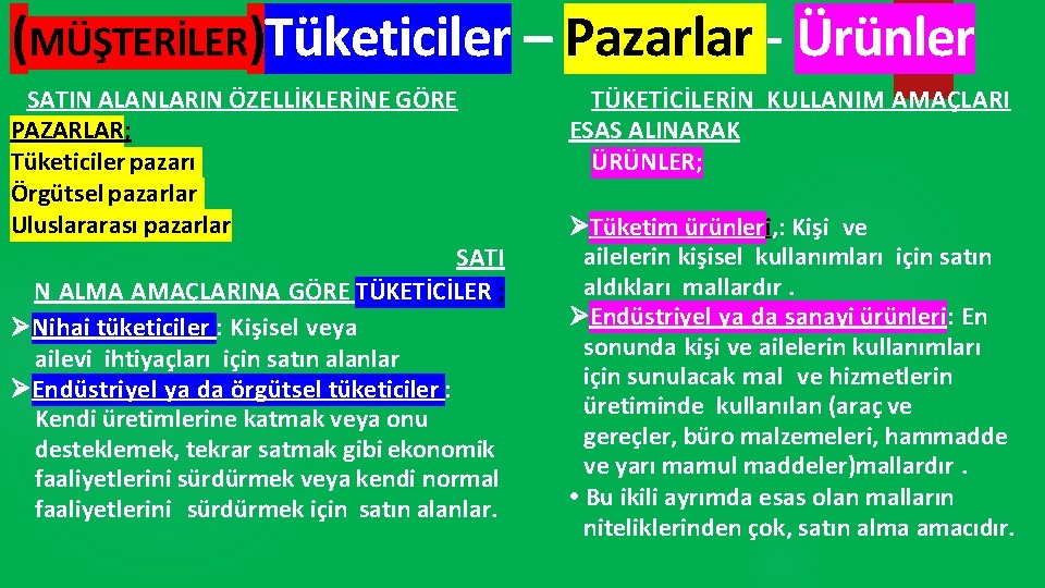 (MÜŞTERİLER)Tüketiciler – Pazarlar - Ürünler SATIN ALANLARIN ÖZELLİKLERİNE GÖRE PAZARLAR; Tüketiciler pazarı Örgütsel pazarlar