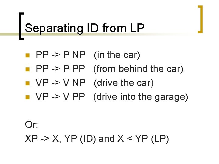 Separating ID from LP n n PP -> P NP PP -> P PP
