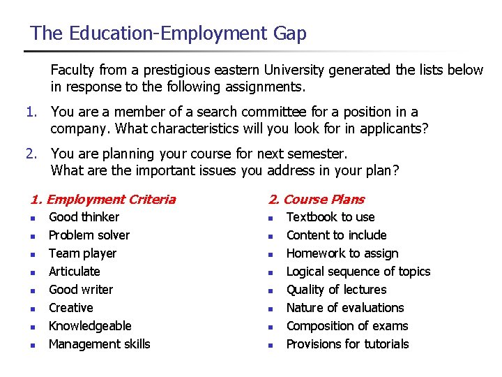 The Education-Employment Gap Faculty from a prestigious eastern University generated the lists below in