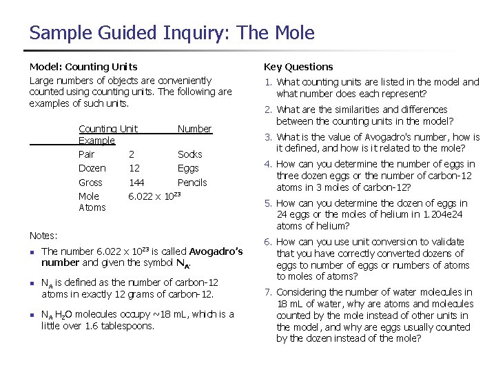 Sample Guided Inquiry: The Mole Model: Counting Units Large numbers of objects are conveniently