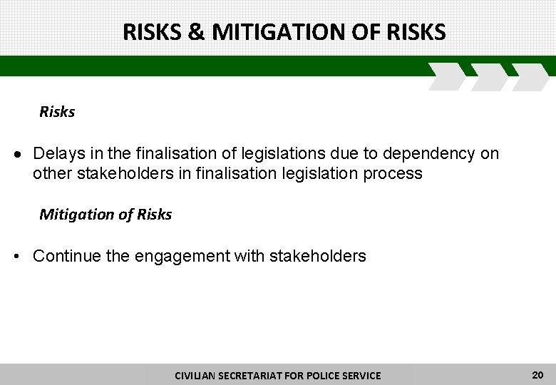 RISKS & MITIGATION OF RISKS Risks Delays in the finalisation of legislations due to