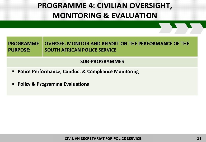 PROGRAMME 4: CIVILIAN OVERSIGHT, MONITORING & EVALUATION PROGRAMME PURPOSE: OVERSEE, MONITOR AND REPORT ON