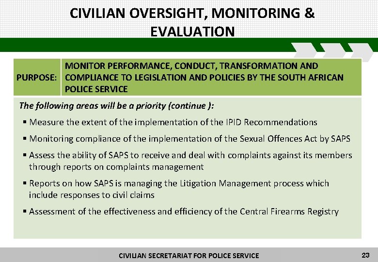 CIVILIAN OVERSIGHT, MONITORING & EVALUATION MONITOR PERFORMANCE, CONDUCT, TRANSFORMATION AND PURPOSE: COMPLIANCE TO LEGISLATION