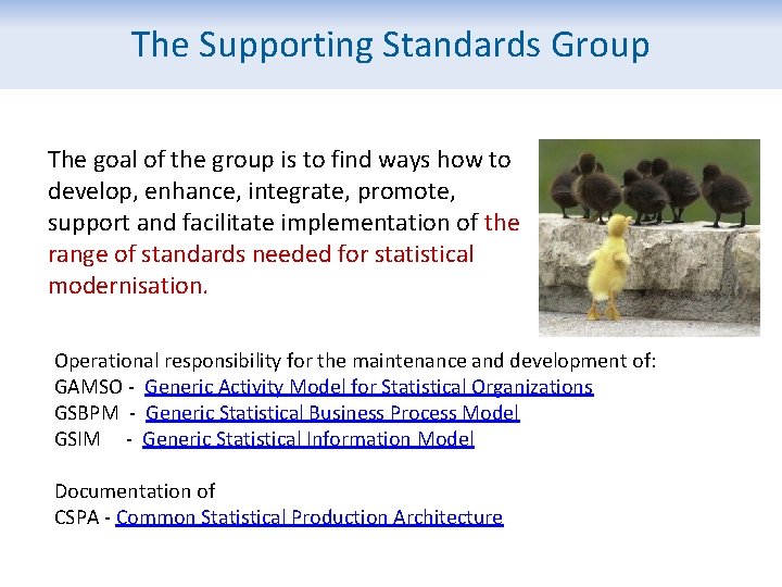 The Supporting Standards Group The goal of the group is to find ways how