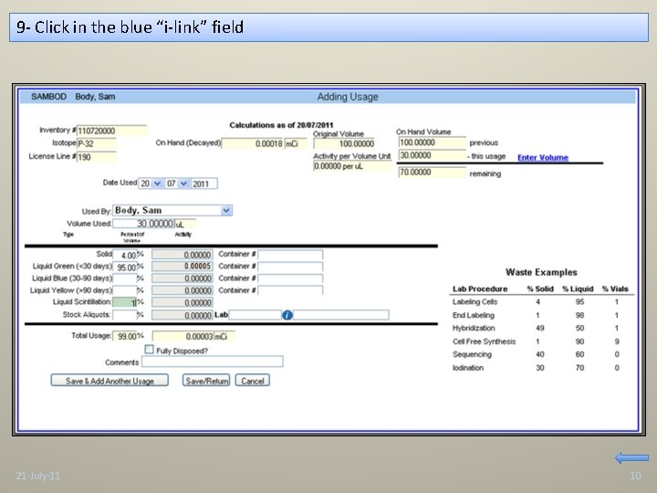 9 - Click in the blue “i-link” field 21 -July-11 10 