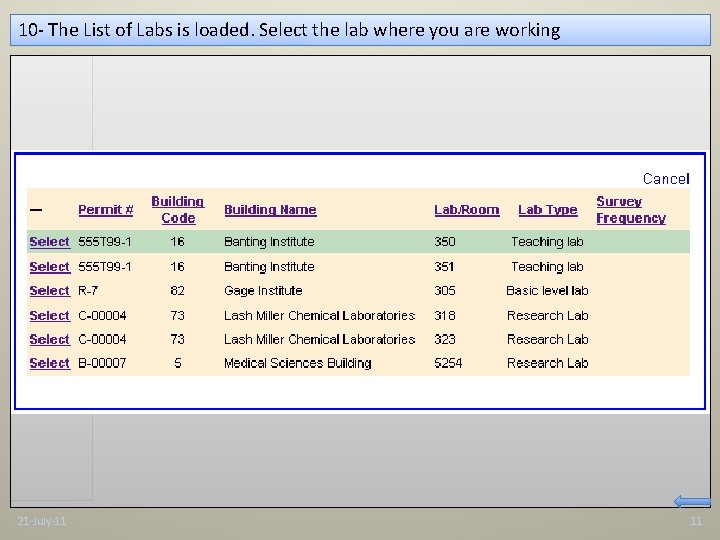 10 - The List of Labs is loaded. Select the lab where you are