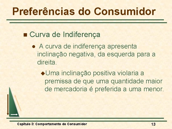 Preferências do Consumidor n Curva de Indiferença l A curva de indiferença apresenta inclinação