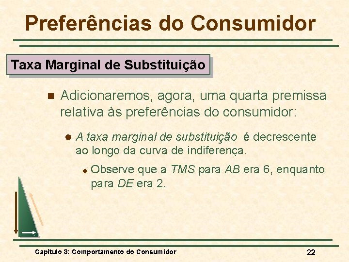 Preferências do Consumidor Taxa Marginal de Substituição n Adicionaremos, agora, uma quarta premissa relativa