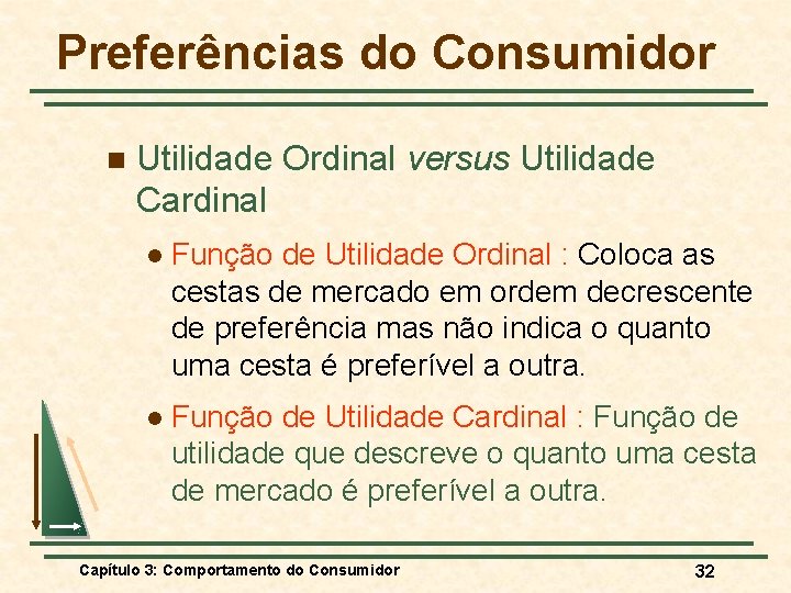 Preferências do Consumidor n Utilidade Ordinal versus Utilidade Cardinal l Função de Utilidade Ordinal