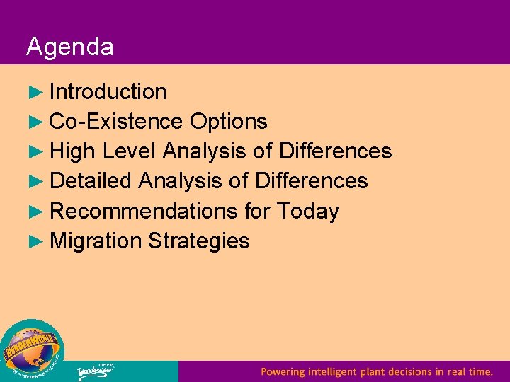 Agenda ► Introduction ► Co-Existence Options ► High Level Analysis of Differences ► Detailed