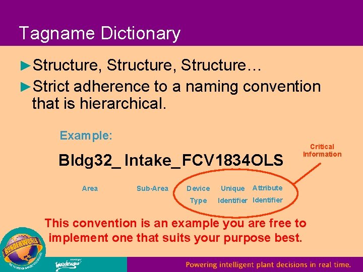 Tagname Dictionary ►Structure, Structure… ►Strict adherence to a naming convention that is hierarchical. Example: