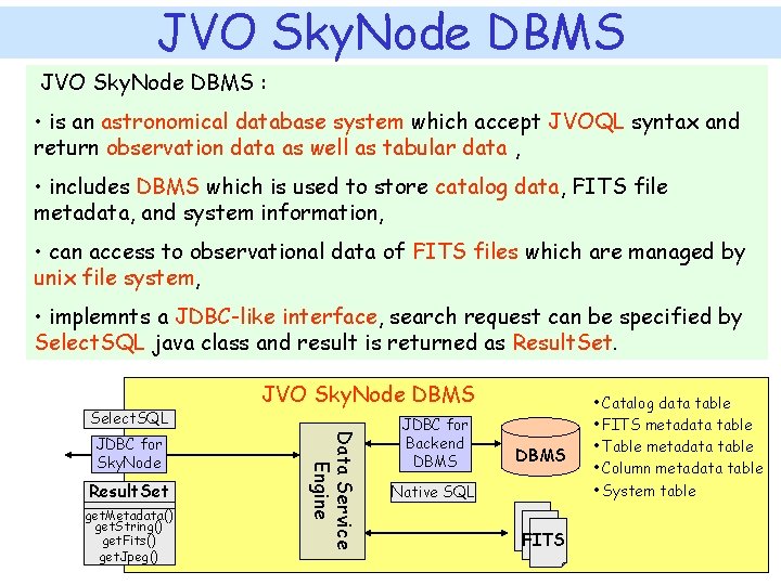 JVO Sky. Node DBMS : • is an astronomical database system which accept JVOQL