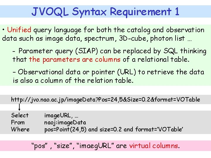JVOQL Syntax Requirement 1 • Unified query language for both the catalog and observation