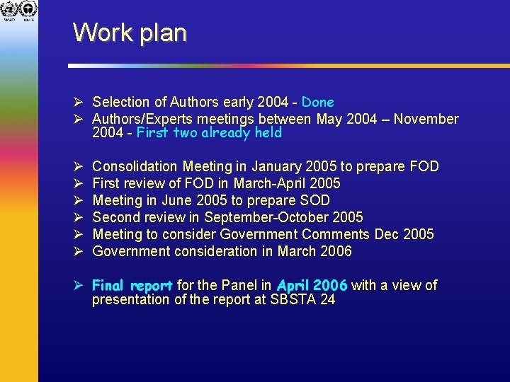 Work plan Ø Selection of Authors early 2004 - Done Ø Authors/Experts meetings between