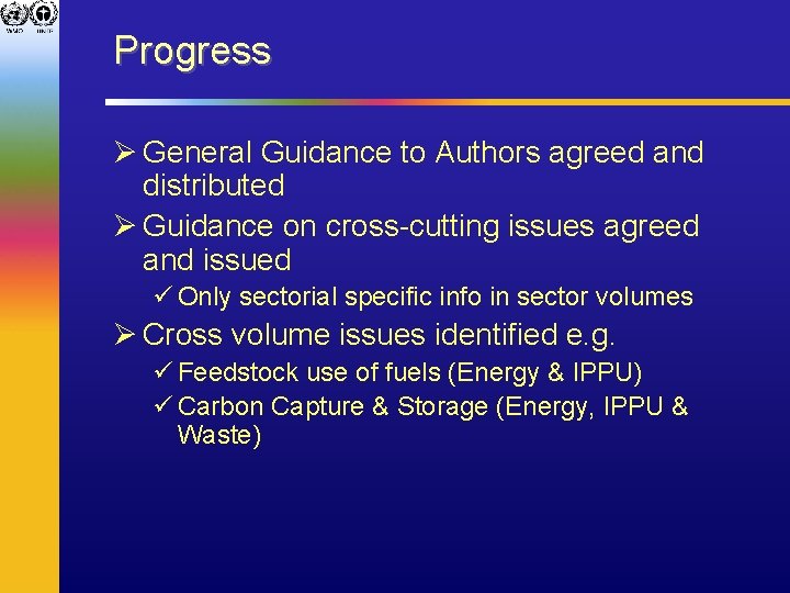 Progress Ø General Guidance to Authors agreed and distributed Ø Guidance on cross-cutting issues