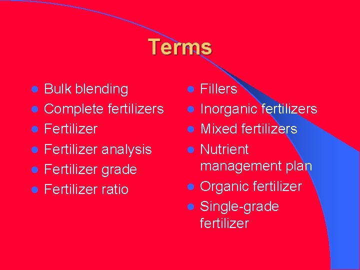Terms l l l Bulk blending Complete fertilizers Fertilizer analysis Fertilizer grade Fertilizer ratio Terms l l l Bulk blending Complete fertilizers Fertilizer analysis Fertilizer grade Fertilizer ratio