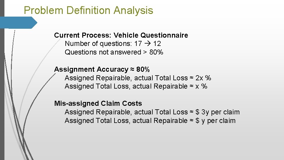 Problem Definition Analysis Current Process: Vehicle Questionnaire Number of questions: 17 12 Questions not