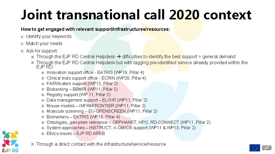 Joint transnational call 2020 context How to get engaged with relevant support/infrastructures/resources: Identify your