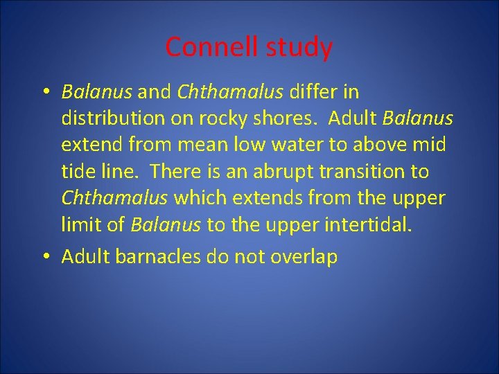 Connell study • Balanus and Chthamalus differ in distribution on rocky shores. Adult Balanus
