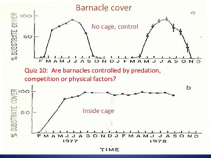 Barnacle cover No cage, control Quiz 10: Are barnacles controlled by predation, competition or
