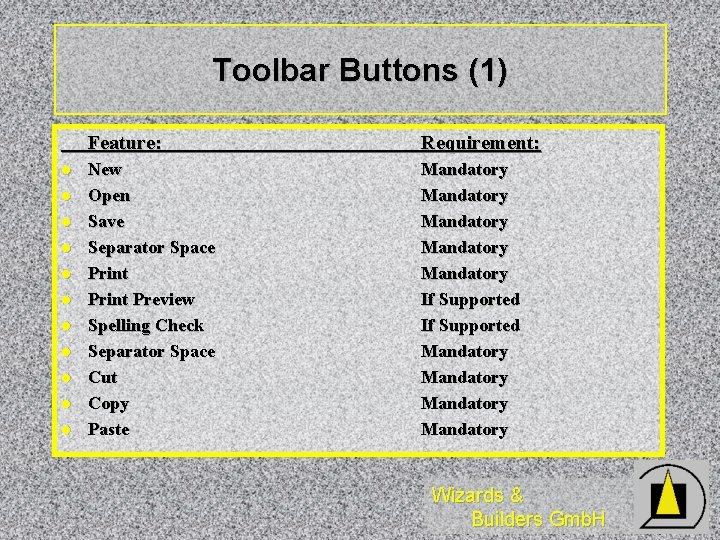 Toolbar Buttons (1) l l l Feature: Requirement: New Open Save Separator Space Print