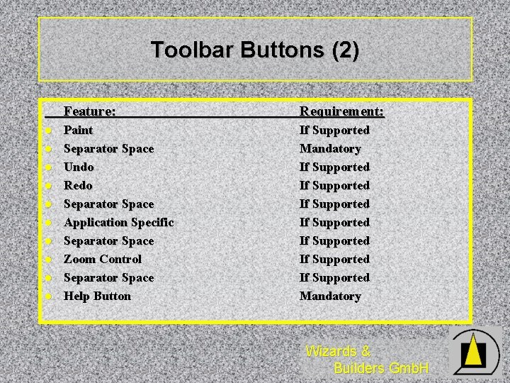 Toolbar Buttons (2) l l l l l Feature: Requirement: Paint Separator Space Undo