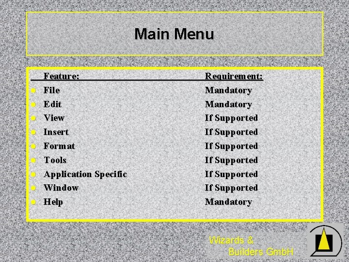 Main Menu l l l l l Feature: File Edit View Insert Format Tools