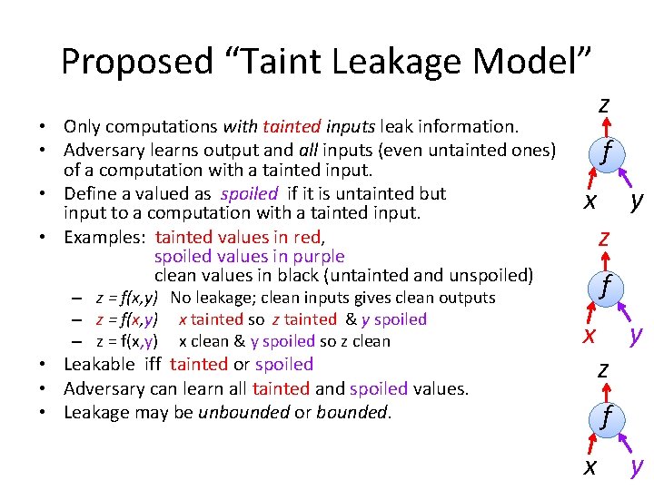 Proposed “Taint Leakage Model” • Only computations with tainted inputs leak information. • Adversary