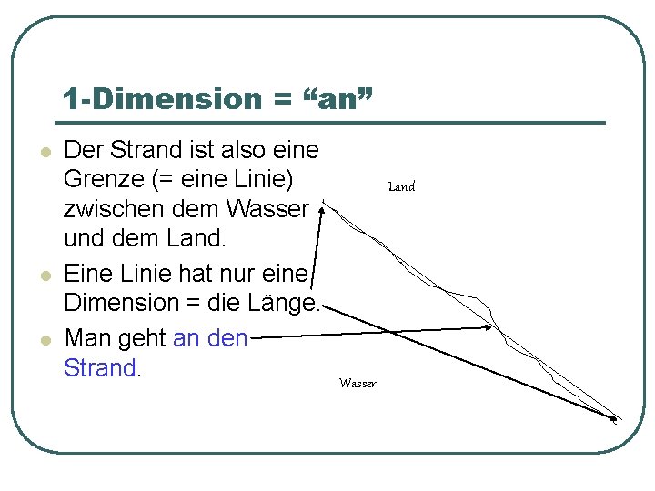 1 -Dimension = “an” l l l Der Strand ist also eine Grenze (=