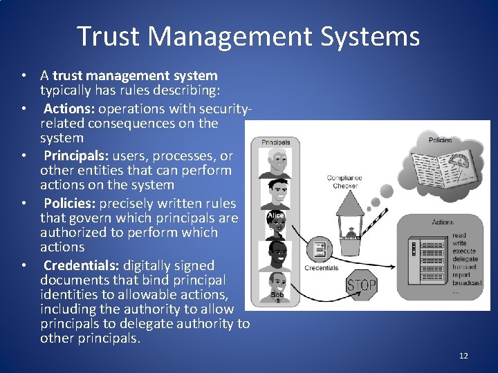 Trust Management Systems • A trust management system typically has rules describing: • Actions: