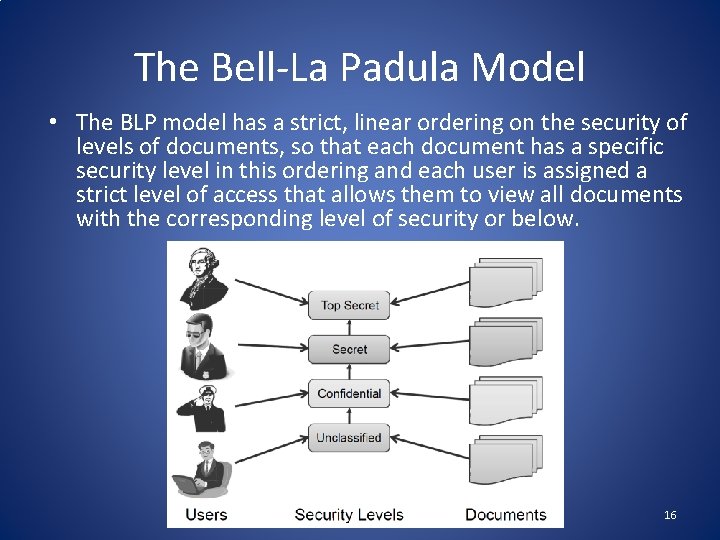 The Bell-La Padula Model • The BLP model has a strict, linear ordering on