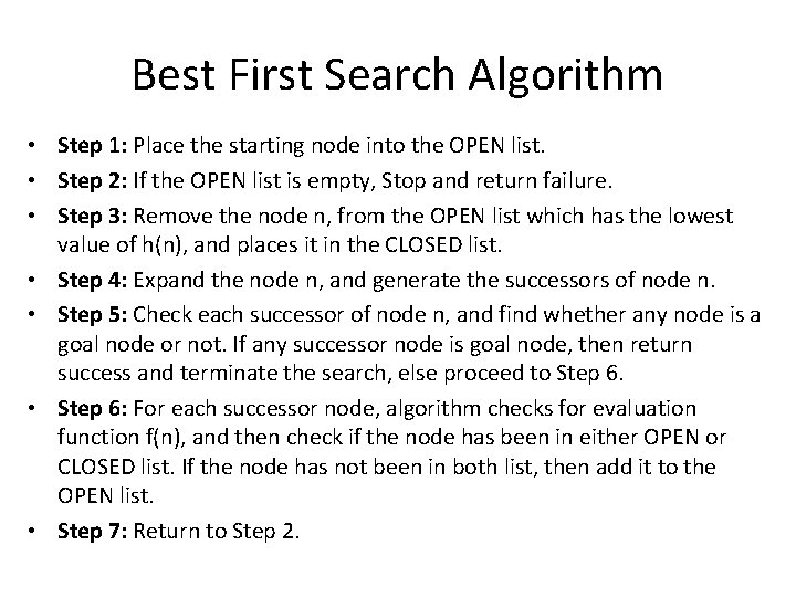 Best First Search Algorithm • Step 1: Place the starting node into the OPEN