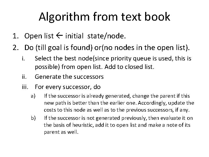 Algorithm from text book 1. Open list initial state/node. 2. Do (till goal is