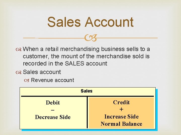 Sales Account When a retail merchandising business sells to a customer, the mount of