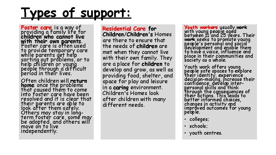 Types of support: Foster care is a way of providing a family life for