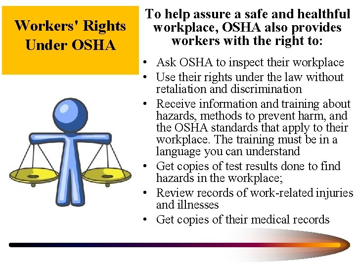 Workers' Rights Under OSHA To help assure a safe and healthful workplace, OSHA also