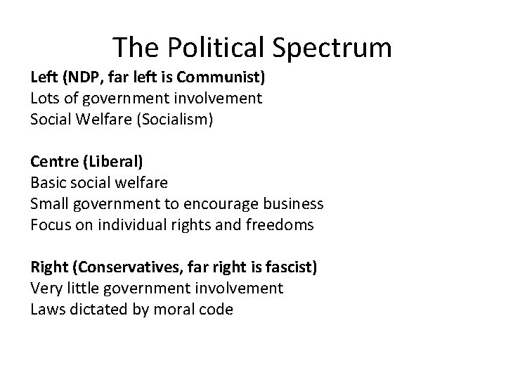 The Political Spectrum Left (NDP, far left is Communist) Lots of government involvement Social