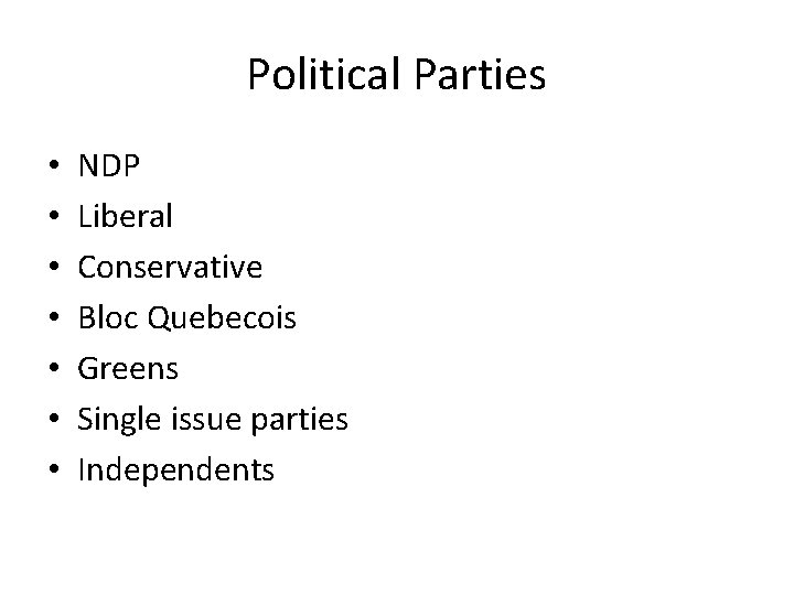 Political Parties • • NDP Liberal Conservative Bloc Quebecois Greens Single issue parties Independents
