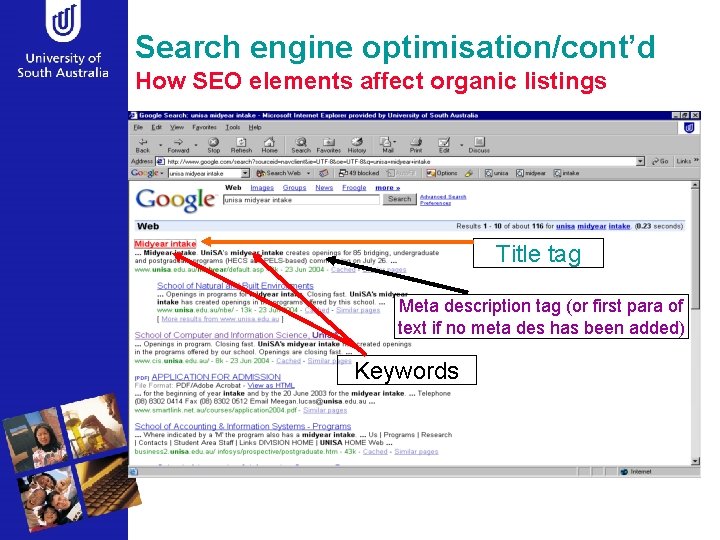 Search engine optimisation/cont’d How SEO elements affect organic listings Title tag Meta description tag