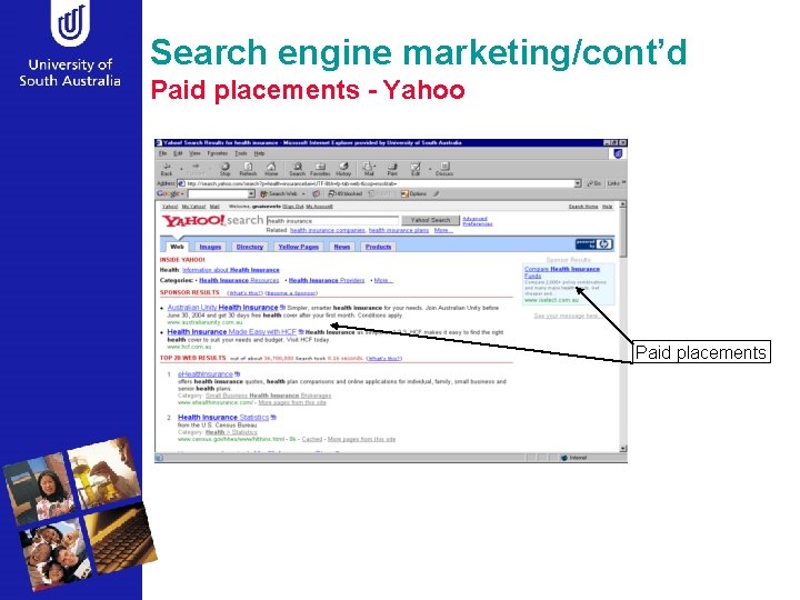 Search engine marketing/cont’d Paid placements - Yahoo Paid placements 