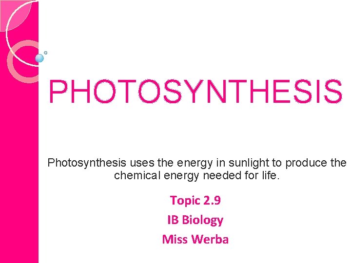 PHOTOSYNTHESIS Photosynthesis uses the energy in sunlight to produce the chemical energy needed for