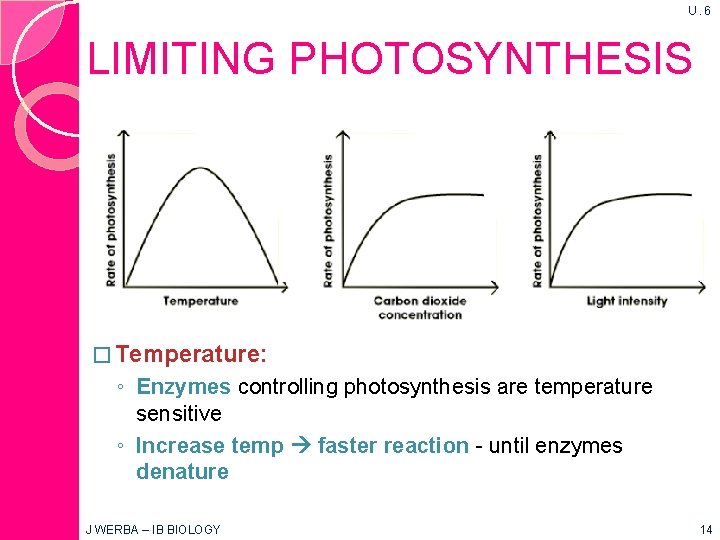 U. 6 LIMITING PHOTOSYNTHESIS � Temperature: ◦ Enzymes controlling photosynthesis are temperature sensitive ◦