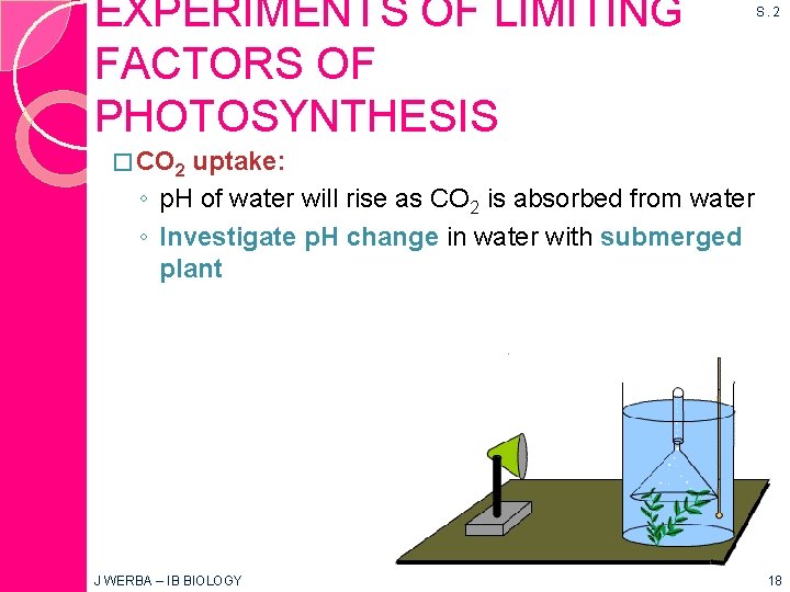 EXPERIMENTS OF LIMITING FACTORS OF PHOTOSYNTHESIS S. 2 � CO 2 uptake: ◦ p.