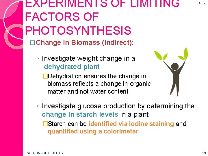 EXPERIMENTS OF LIMITING FACTORS OF PHOTOSYNTHESIS � Change S. 2 in Biomass (indirect): ◦