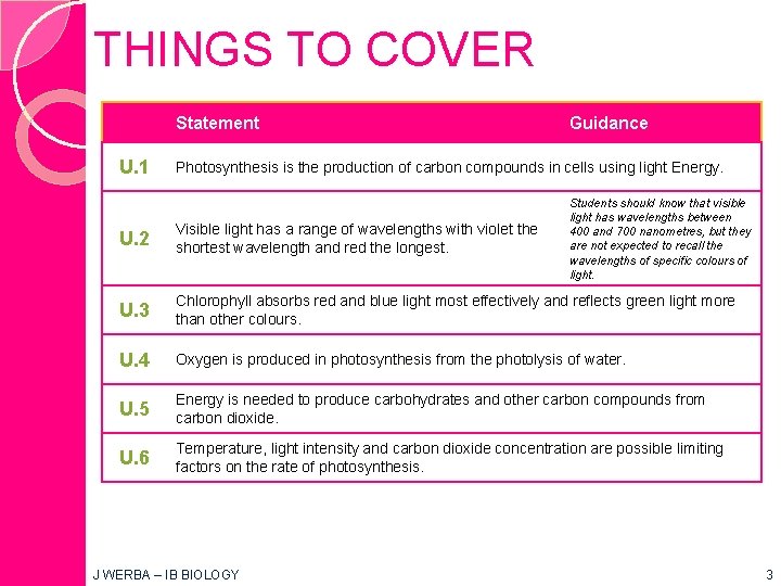 THINGS TO COVER Statement U. 1 Guidance Photosynthesis is the production of carbon compounds