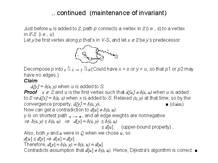 . . continued (maintenance of invariant) Just before u is added to S, path